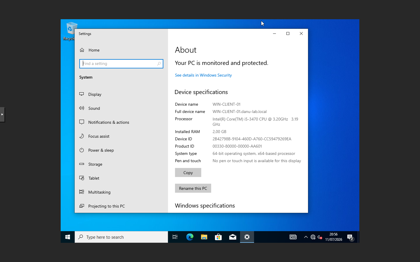 Windows 10 system page showing danu-lab.local domain membership